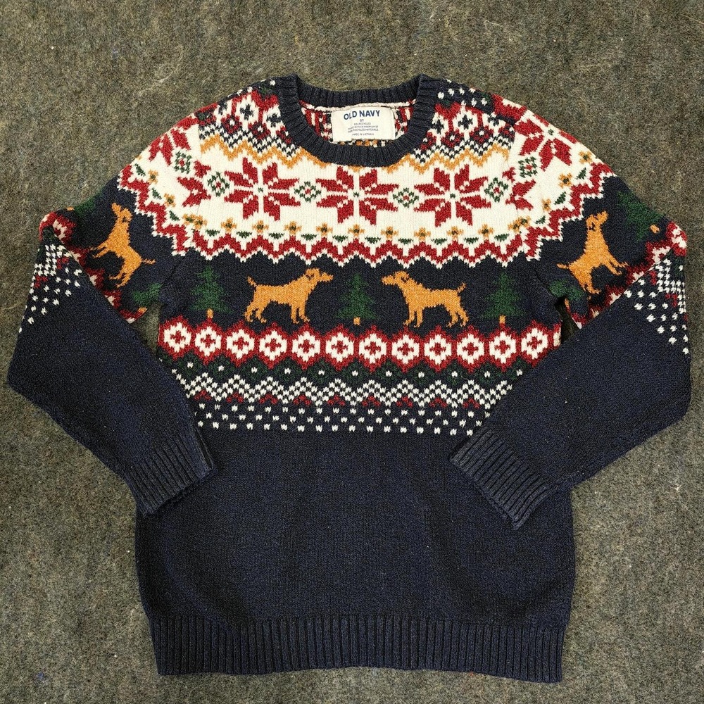 Old Navy Kids Christmas Sweater Navy Blue Fair Isle Dog Snowflake 5T